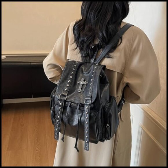 Studded Faux Leather Backpack Y2K Punk Gothic Daypack Adjustable Straps main image 5